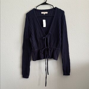 LOFT Ribbed Wrap Tie Cardigan Size L Navy Blue Cotton Blend Sweater